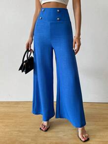 SHEIN Clasi Celana Panjang Wanita Elegan Pinggang Tinggi Slim Fit Kaki Lebar Warna Biru untuk Musim Gugur - Biru - View 5