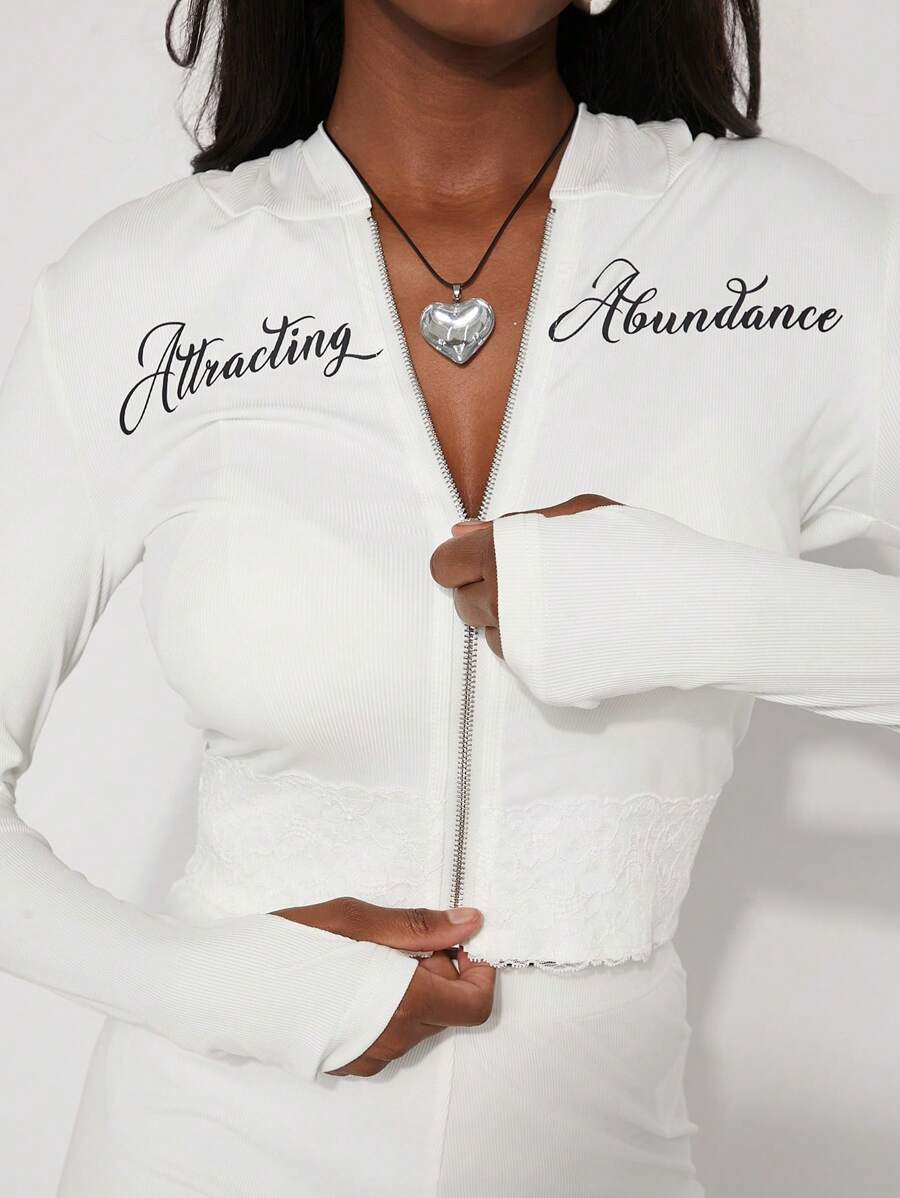 NYA SZN 春季吸引丰盈图案印花修身蕾丝边节日夏季连帽衫设计师健身房运动街头服装女士夹克上衣 - 白色 - 查看 1