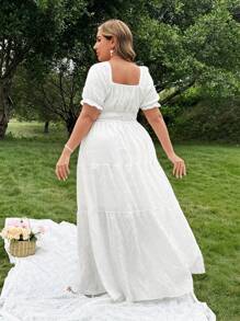 Flirla Plus Size Boho Solid Sweetheart Collar Ruffle Trim Front Tie Puff Sleeve Elastic Waist A-Line Patchwork Dress, For Summer - White - View 2