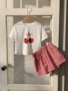 Comfortcana 2 件套女士休闲短袖 T 恤和短裤套装，简约时尚，适合日常穿着 - 紅白色 - 查看 8