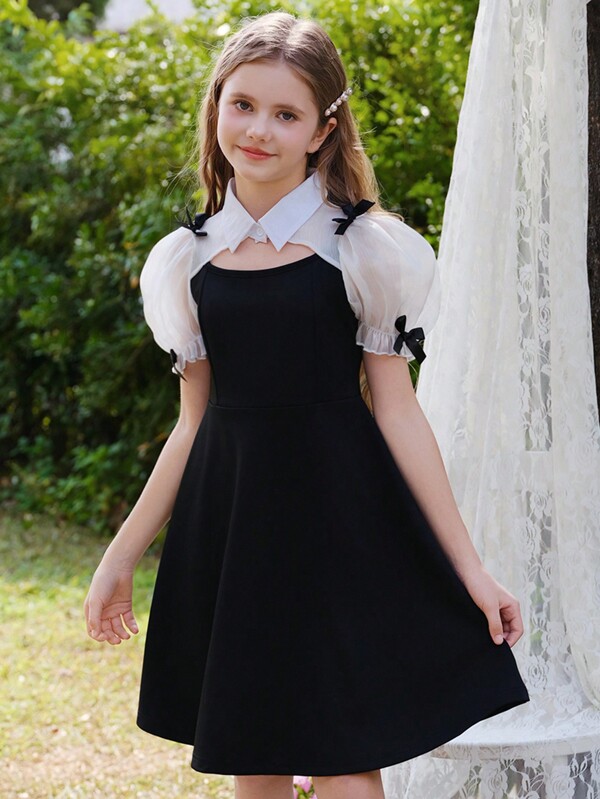 Wildeya Tween Girls' Black Cinched Waist Hollow Mesh Puff Sleeve Bowknot Elegant Sweet Style Dressesholiday,Summer,Travel,Getaway