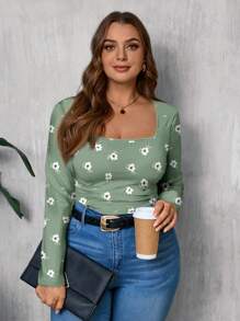 SHEIN LUNE Áo thun cổ vuông họa tiết hoa đơn giản, giản dị cỡ lớn dành cho nữ - Nhiều màu - Xem 5