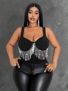 Maweii Women Plus Size Elegant Solid Color Glittery Rhinestone Decor Fashionable Camisole Top, Versatile For Party And Gathering, Spring/Summer - Black - View 1