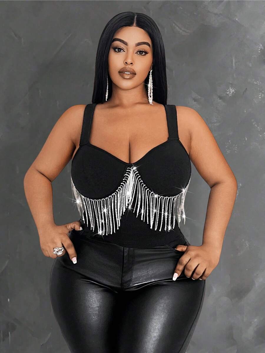 Maweii Women Plus Size Elegant Solid Color Glittery Rhinestone Decor Fashionable Camisole Top, Versatile For Party And Gathering, Spring/Summer - Black - View 1