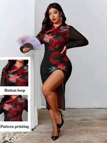 Celure 大码女士优雅旗袍连衣裙，中式立领，红色撞色，纽扣门襟，龙和祥云印花，中国新年/节日 - 黑色 - 查看 5