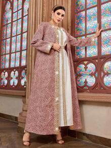 Al Najma Women Arab Robe Dress Set With Contrasting Woven Tape Long Sleeve,Modest - Multicolor - View 1