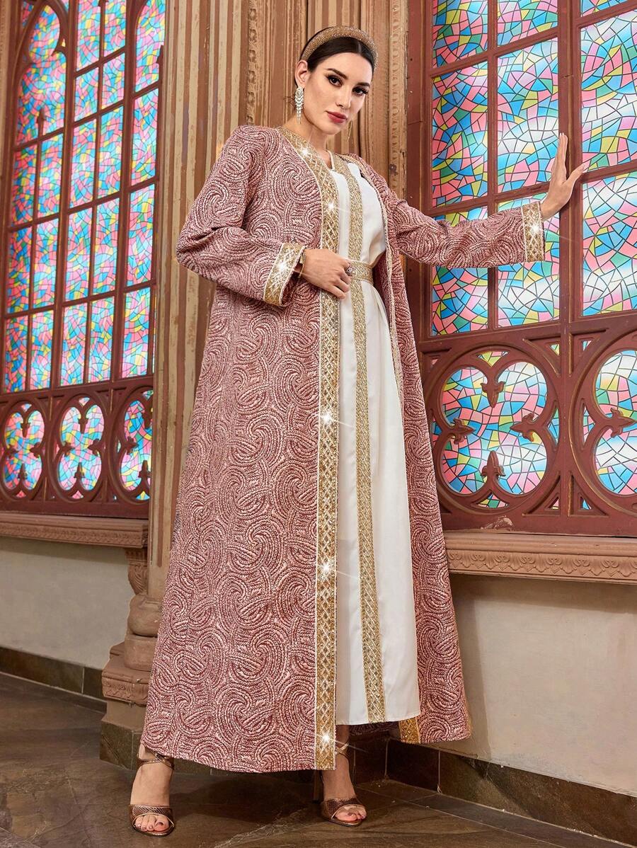 Al Najma Women Arab Robe Dress Set With Contrasting Woven Tape Long Sleeve,Modest - Multicolor - View 1