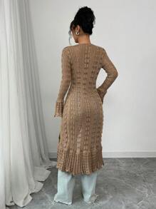 Selianne 女式休闲修身 V 领长袖针织喇叭袖口长款开衫，棕色，春秋季