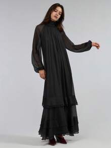 Ontre Stockholm Style, Teacher Outfits For Women,Fall Women Clothes,Women's Spring 2025 New Arrivals Valentine's Day Angora Red Ruffle Tie Waist Dress With Puff Sleeves, Long Sleeve Dress With Oversized Dress And Tie Back Ruffle Decor - Black - View 4