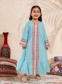 Girls Loose Cute Patchwork Geometric Pattern Midi Dress - Multicolor - View 1