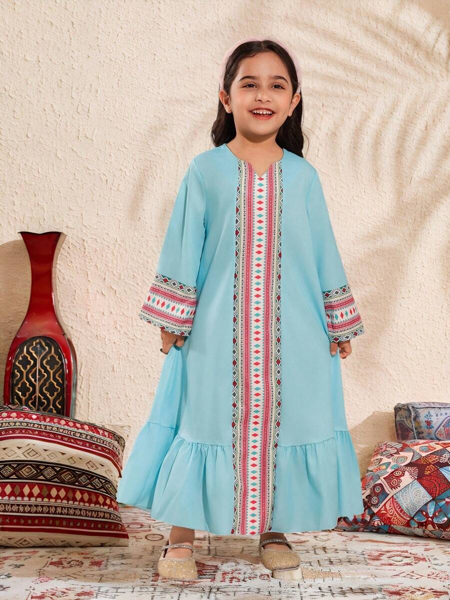 Girls Loose Cute Patchwork Geometric Pattern Midi Dress - Multicolor - View 1