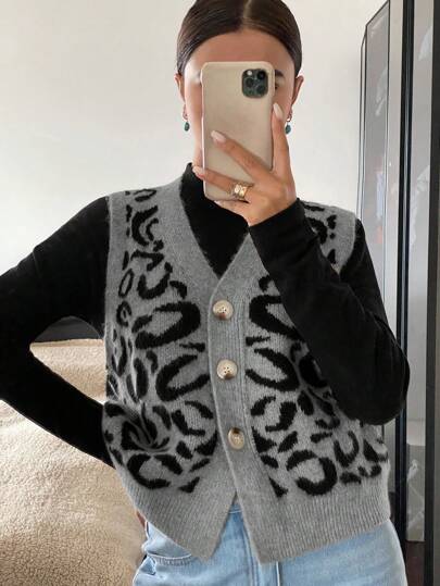 Siren Gaze Damska jednorzędowa kamizelka z dekoltem w serek i nadrukiem w panterkę, swobodna na jesień/zimę