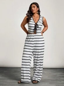 Calvaya Plus Size Black And White Ribbed Knit Print Summer Elegant Smart Casual Vacation 2pcs Set,Ruffled Trim Front Open Vest & Casual Pants Suit - Black and White - View 4