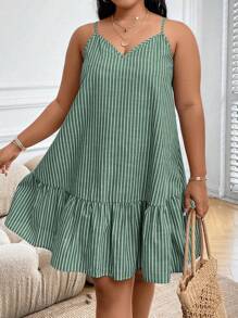 EMERY ROSE 大码夏季条纹吊带连衣裙 - 綠色 - 查看 3