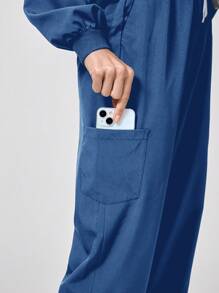 TaskEZ Women's Scrub Set, Solid Color Long Sleeve Pocket Tunic Top & Pants, Nursing Scrub Uniform - Blue - View 8