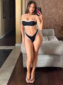 SHEIN Swim Women's Contrast Trim Sexy Bikini Set For Summer Beach Vacation - Black and White - View 3