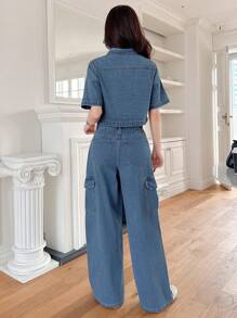 DAZY 女士休闲宽松口袋衬衫和阔腿牛仔裤两件套 - 中等水洗藍 - 查看 2