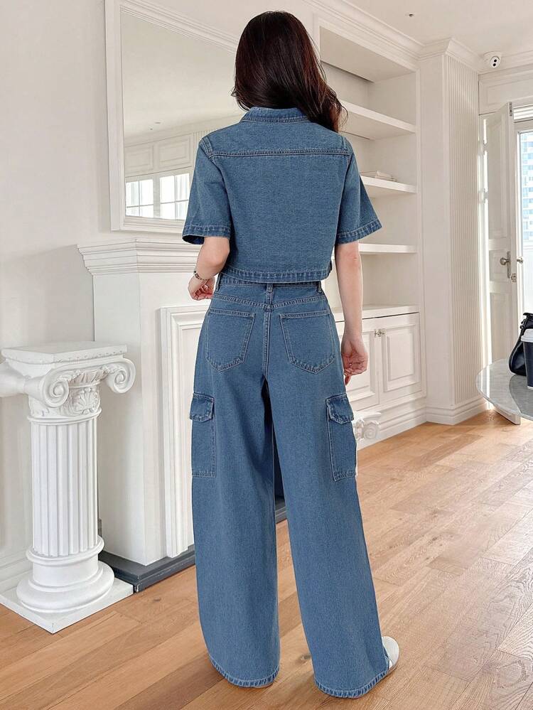 Women's Casual Loose Pocket Shirt And Wide Leg Denim Pants 2 Pieces Set