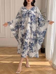 DAZY 女士全身印花宽松中长连衣裙，秋季长袖连衣裙，度假装扮，女士复活节长款连衣裙 - 藍色 - 查看 5