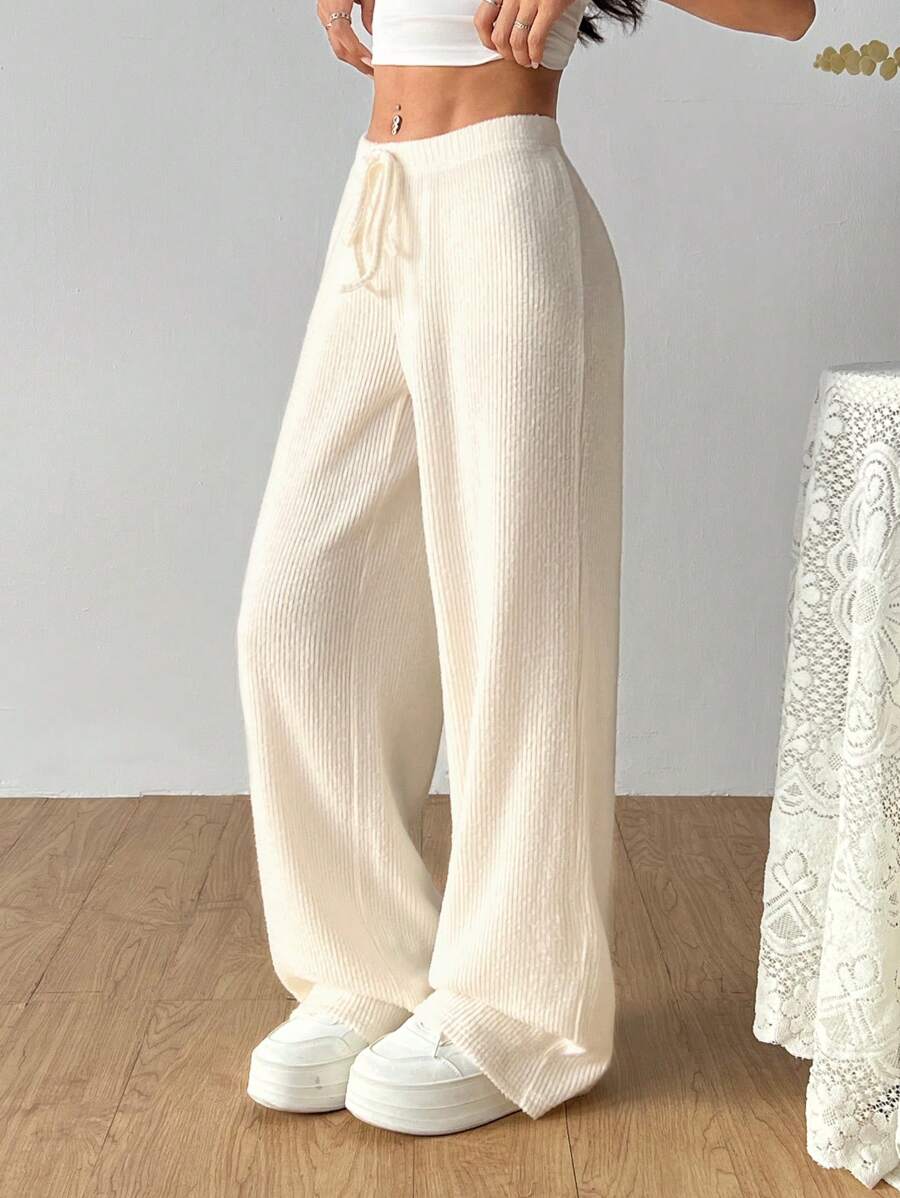 SHEIN EZwear Quần ống rộng đơn sắc thường ngày rộng rãi cho nữ - Màu be - Xem 1