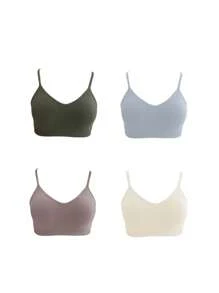 Conjunto de 4 piezas: Sujetadores inalámbricos minimalistas con diseño de tiras cruzadas de moda y acolchados