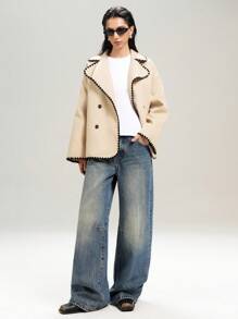LYSMO Women Casual Contrast Binding Double-Breasted Woolen Coat, Autumn/Winter