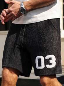 Manfinity Campus Court Men's Streetwear Black And White 03 Embroidered Plush Shorts,Summer Beach Young Street Style College Sports Basketball Shorts With Side Pocket Design - Black - View 3