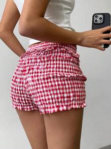 Aloruh 女士红白格子荷叶边休闲短裤，甜美乡村度假风格，春夏