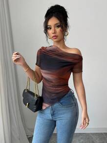 Elenzga Women's New Fashion Oblique Shoulder Short Sleeve Tie Dye Print T-Shirt - Multicolor - View 7