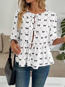 SHEIN LUNE Blusa de mujer con cuello redondo de manga corta y estampado de moño, de diseño minimalista y calce holgado, en estilo dulce, para primavera/verano