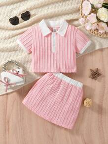 2pcs Baby Girls Vertical Striped Front Button Shirt And Shorts 2 Pieces Set, Fashionable Spring/Summer