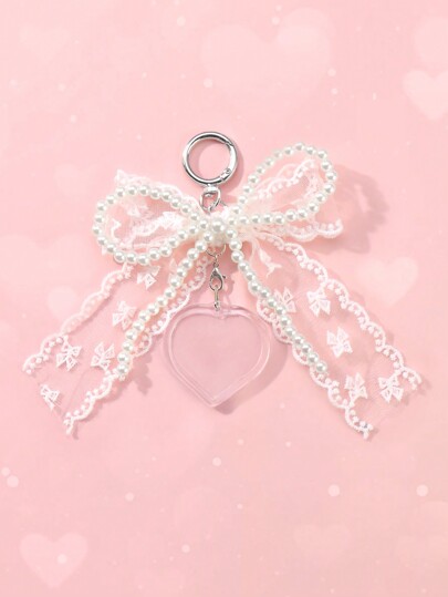 Kawaii 1 pezzo Portachiavi / ciondolo da borsa in stile coreano di alta moda versatile, di fascia alta, realizzato a mano con perle finte, ricamo in rete, fiocco e design a cuore in acrilico, adatto per uso quotidiano e come regalo per occasioni festive dalle donne