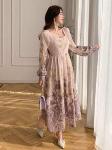 DAZY 女士碎花方领灯笼袖中长款度假连衣裙，秋季长袖连衣裙，复活节 - 紫色 - 查看 9