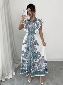 Elenzga Vestido Midi Fluido e Elegante com Cintura Marcada, Estampa Clássica, Vestido Longo Charmoso para Mulheres em Férias - Multicolorido - Visão 5