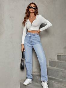 SHEIN Frenchy Stepped Waist Straight Leg Jeans Winter Casual - Light Wash - View 5