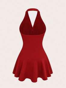 Flirla Plus Size V-Neck Halter A-Line Sexy Party Mini Dress For Women - Red - View 2