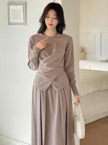 DAZY 2pcs/Set Women Asymmetric Gathered Top & Knit Skirt Suit,Fall Clothes - Brown - View 3