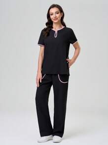 TaskEZ 对比色边饰短袖休闲上衣和长裤/医疗保健手术服套装 手术服套装 护士手术服上衣 手术服下装 跑步护士和制服手术服 洗手口袋透气拉绒服装套装 带口袋的手术服弹力运动工作服 手术服上衣和裤子套装 女士手术服套装：缺口 V 领塞入式上衣和直筒裤 基本慢跑手术服套装 护理服弹力上衣和抽绳工装裤