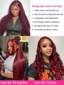Perruque de cheveux humains à lacets frontaux bouclés frisés Bordeaux 99J 13x4, perruque à lacets frontaux transparents de couleur vin rouge 99j bouclée 13x4 pour femmes