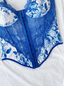 Soleia 度假花卉蕾丝拼布复古女式背心，带鱼骨印花，蓝色和白色