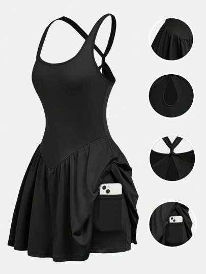 SHEIN Girlism Tween Girls Casual Plain Criss-Cross Racerback Sports Dress