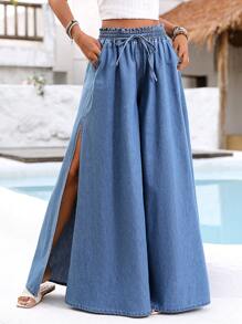 Breezaya 女士休闲宽松前系带牛仔裤，适合日常穿着 - 淺色水洗藍 - 查看 5