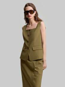 Ontre Conjunto de falda y chaleco de cuello cuadrado, de tela de lino, estilo resort, color verde militar, conjunto de uso diario, conjunto de chaleco sin mangas, traje de mujer