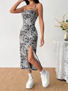 Muchica 女士度假侧开衩下摆吊带背心花卉瓷器印花连衣裙 - 黑色 - 查看 5