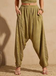 Vixey Textured Knit Pocket Harem Pants, Boho, Boho Women Clothing, Beach Outfits For Women, Summer Outfits For Women, Island Vacation Outfits, Women Summer Sets - Mustard Yellow - View 2