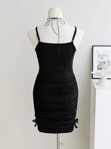 Lunivi Mädchen im Teenager-Alter Gestricktes figurnahes Kleid mit gerüschtem Träger und Seitenschleife, lässig süßer Allround-Stil Kleider für Mädchen