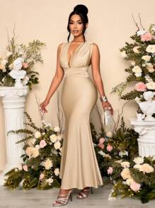 SOLERSUN Sexy Women's Elegant Deep V-Neck Halter Ruched Sleeveless Maxi Mermaid Dress Women Outfit,Suitable For Wedding Party & Dating - Khaki - View 6