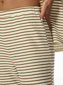 MISSGUIDED Cozy Toweling Wide Leg Beach Pants Resort Wear Lounge Pants Striped Summer Vacation Pool Cover Up Palazzo Style Casual Comfort - Apricot - View 3