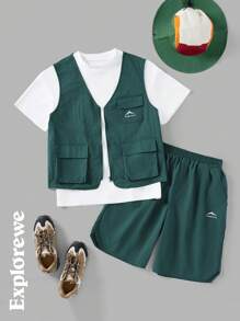 SHEIN Teen Boy Mountain Print Cargo Vest, Shorts And T-Shirt 3-Piece Set - Green - View 1