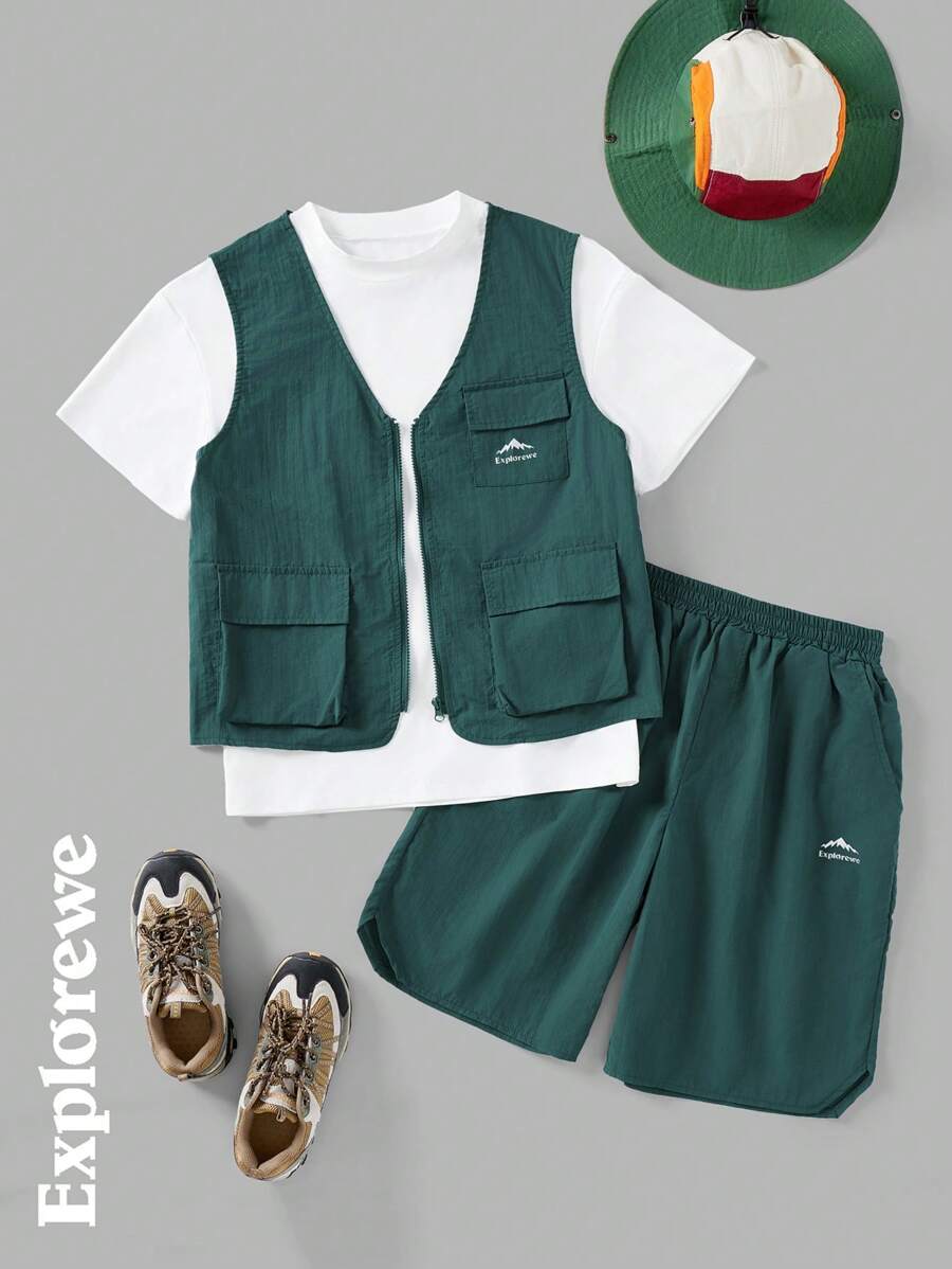SHEIN Teen Boy Mountain Print Cargo Vest, Shorts And T-Shirt 3-Piece Set - Green - View 1